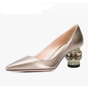 FSJ Gold Bridal Pointed Toe Chunky Block Low Heel Crystal Pumps Slip on Shoes